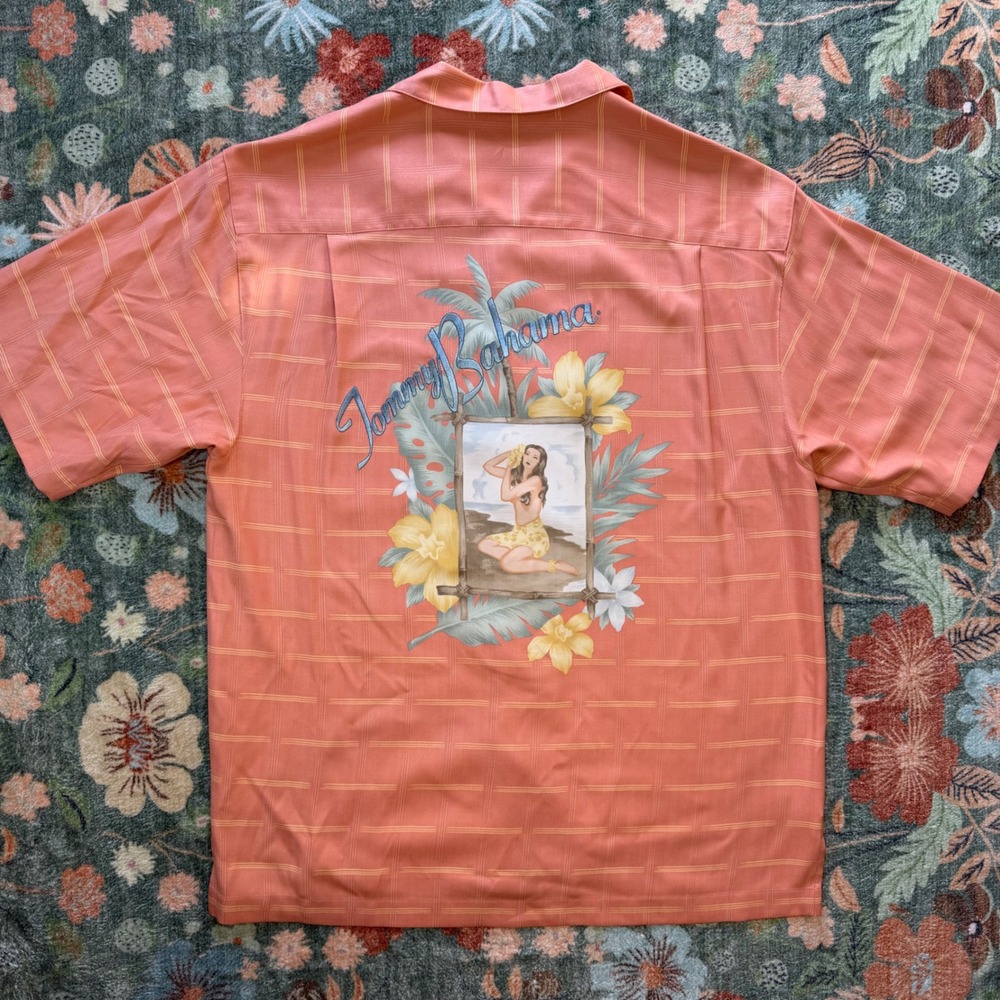 Tommy Bahama Mens S Silk Camp Shirt Coral Hula Girl Graphic Back Tropical Orange